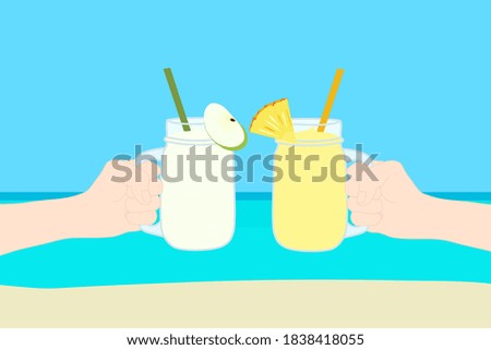 Hand is holding the glass cup of apple and pineapple smoothie at the beach with the sea. A cold soft drink for summer. Healthy beverage. Travel advertisement. Tropical vacation. Holiday trip.