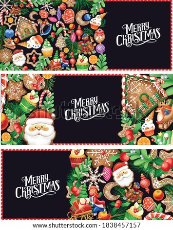 Christmas illustration. Christmas card. Holiday banners and greeting cards. Christmas toys, gingerbread, Christmas tree, snowman, Santa Claus.
