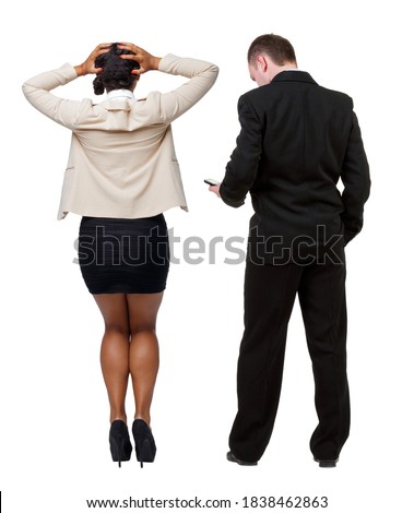 Back view of business woman and business man in suit with mobile phone. Business team. Rear view people collection. backside view of person. Isolated over white background.