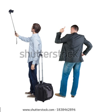 Back view of two business man in suit with mobile phone. Business team. view people collection. backside view of person. Isolated over white background.