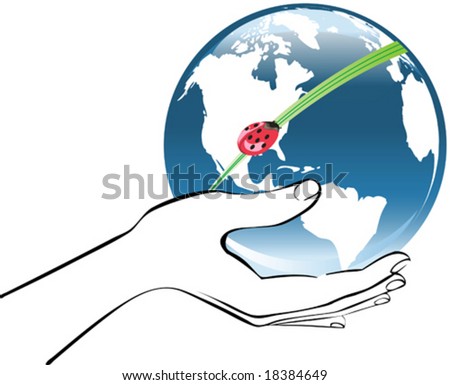 Earth in a hand with ladybird, ecology vector illustration