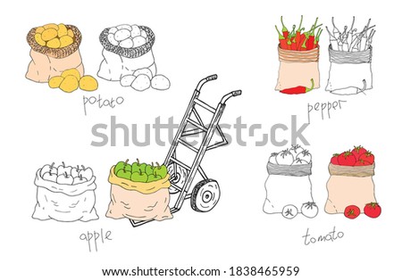 Harvesting collection. Fruits and vegetables in canvas bags with a trolley. Hand drawn vector cartoon collection