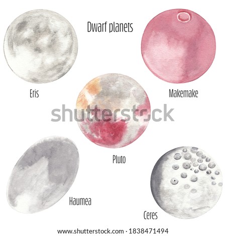 Watercolor illustration of dwarf planets of solar system. Pluto, makemake, eris, haumea abd ceres. Watercolor planets. Space watercolor clip art Educational illustration