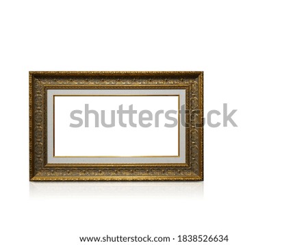 Golden rectangular frame placed on white background, object, copy space