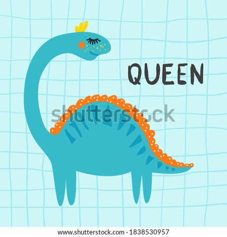 Cute dinosaur with crown, vector illustration. Colorful dino girl with diadem, little queen, princess. Isolated elements on blue quad ruled sheet background, baby nursery, card, birthday invitation