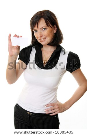 Portrait of a beautiful businesswoman holding a white card. Isolated