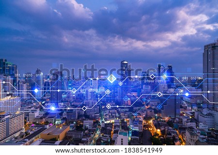 Information flow hologram, night panorama city view of Bangkok. The largest technological center in Asia. The concept of programming science. Double exposure. Royalty-Free Stock Photo #1838541949