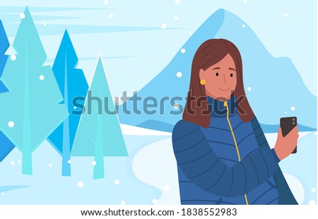 Woman on winter vacations by mountains. Female character taking photo of natural beauty on smartphone. Teenager girl wearing warm clothes standing under snowfall surrounded by trees, vector in flat