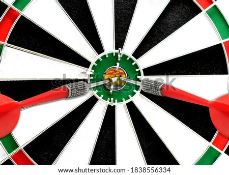 Close-up of a dart board with an imprinted flag of New Brunswick in the center. The concept of achieving goals.