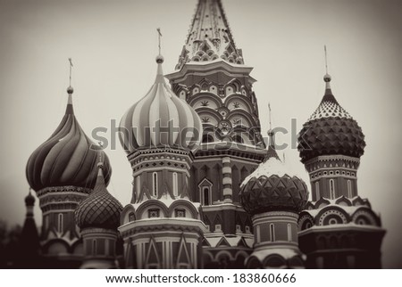 St. Basil Cathedral, Red Square, Moscow, Russia. UNESCO World Heritage Site. Vintage style sepia photo.