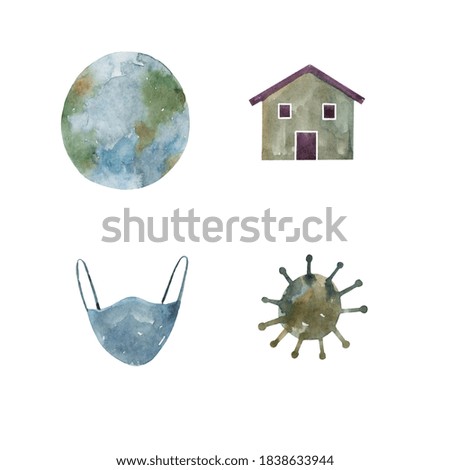 Collection of watercolor objects on the theme of coronavirus. Planet earth, house, protective mask, virus. Pandemic.
