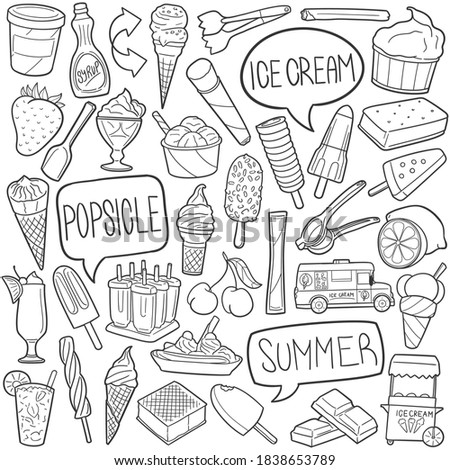 Ice Cream Summer doodle icon set. Popsicle Vector illustration collection. Food Hand drawn Line art style.