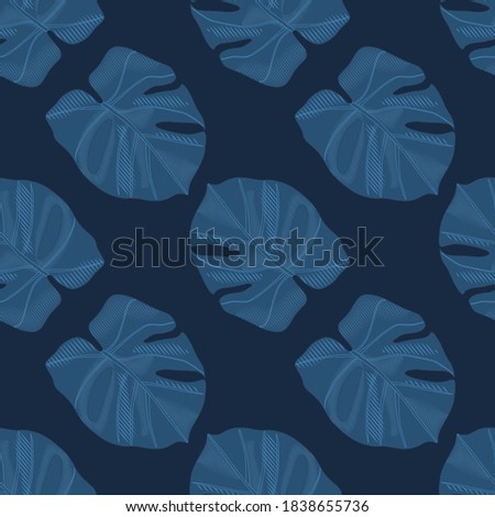 Minimalistic dark monstera silhouettes seamless doodle pattern. Navy blue tones palm foliage artwork. Great for fabric design, textile print, wrapping, cover. Vector illustration.