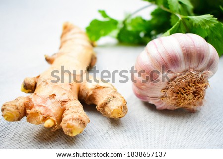 Close-up picture of ginger and garlic, isolated against a white background with herbs in the background.