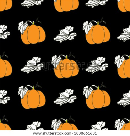 Orange pumpkin with white leaves on a black background, halloween, background, backdrop, packaging