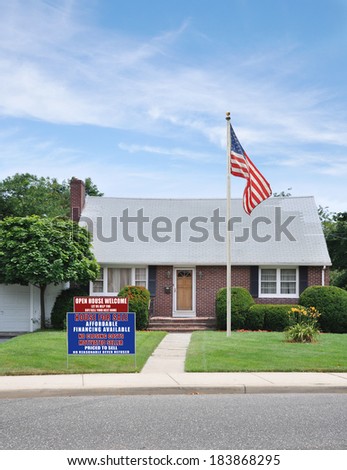 Real Estate For Sale Open House Welcome Sign front yard lawn suburban brick bungalow style home residential neighborhood usa blue sky clouds