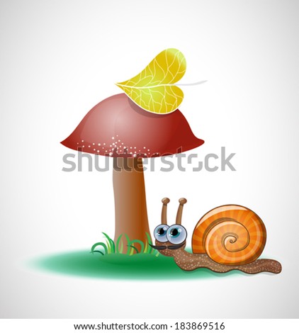 Funny snail near mushroom.