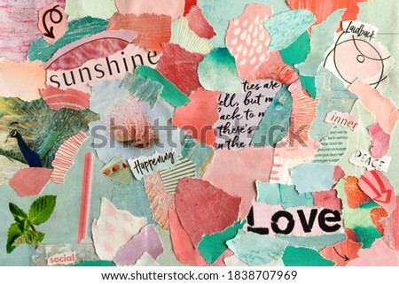 collage mood board with pink, turquoise summer love colors concept,. The sheet is made of teared old paper of magazines and printed matter