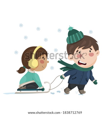 vector illustration of a cartoon boy sledding a girl. fun winter kids entertainment.