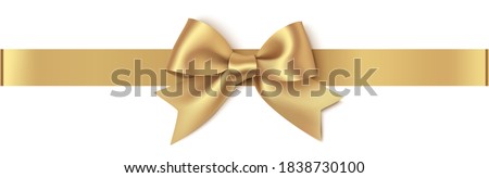 Decorative golden bow with horizontal gold ribbon isolated on white background. Christmas yellow bow. Vector illustration Royalty-Free Stock Photo #1838730100