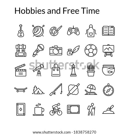 Simple Hobbies and Free Time Line Style Contain Such Icon as Cooking, Singing, Fishing, Football, Knitting, Shopping, Travelling, Cycling, Bakery, Chess, Painting and more. 64 x 64 Pixel Perfect Royalty-Free Stock Photo #1838758270