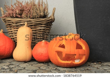 jack pumpkin, halloween decoration with wicker basket as background