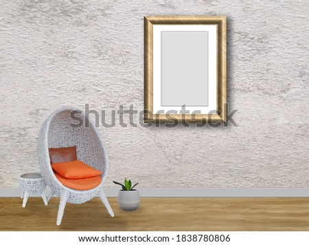 Chair or sofa white with picture frame on wood floor, design interior decoration.