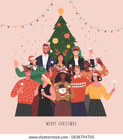 Christmas party. Vector illustration of diverse people in Christmas outfits standing together under Christmas tree with wine glasses and Bengal lights. Isolated on background 