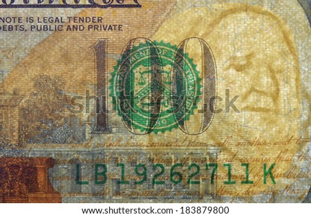 Watermark on redesigned new hundred dollar bill. One of paper securities.