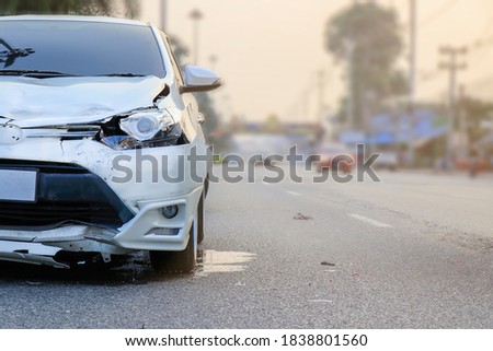 car crash accident on street damaged automobiles after collision in city Royalty-Free Stock Photo #1838801560