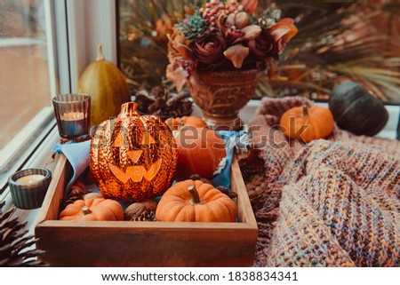 Halloween cozy mood composition on the windowsill. Lighting jack-o-lantern, decorative pumpkins, cones, candles on wooden tray and straw napkin, warm plaid. Hygge Halloween home decor. Selective focus