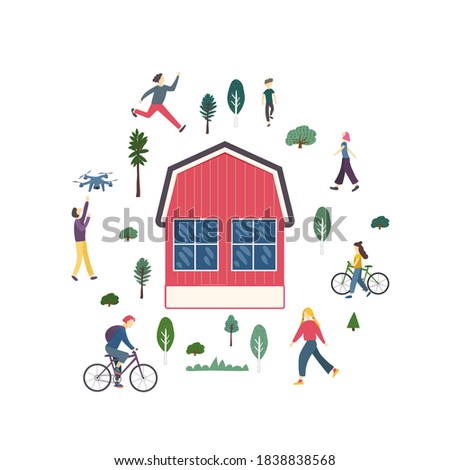 Family vacations farm, farmhouse, rural landscape. Outdoor activity character set doodle drawing. Sports people bundle. Nature, ecology, organic, environment banners. Cartoon vector illustration 