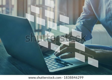 mindmap or organigram on virtual screen, person looking at hierarchy scheme, business structure Royalty-Free Stock Photo #1838846299