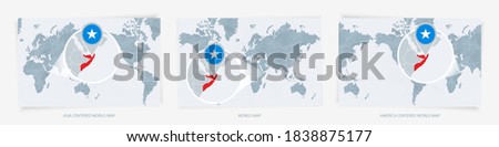 Three versions of the World Map with the enlarged map of Somalia with flag. Europe, Asia, and America centered world maps.