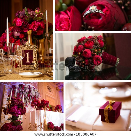 collage of wedding pictures decorations in red colour