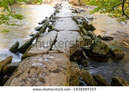 View of the clapper bridge at Tarr Steps in Exmoor National Park