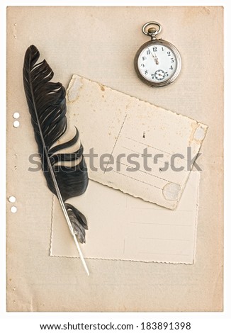 vintage papers and postcards isolated on white background. antique feather pen and clock