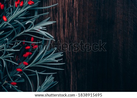 Flat lay of garden spring blue and red tiny flowers on wooden plank table background with copy space, retro color style stock photo