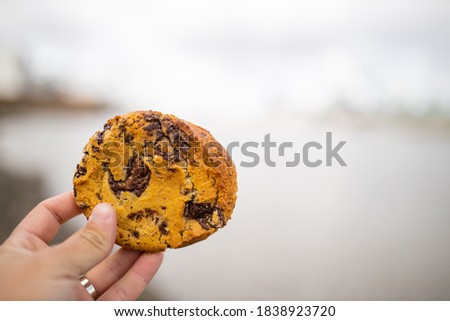Landscape View of a Hand Holding a Chocolate Chips Cookie with a Very Blurry Gray River as Background
