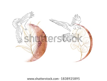Watercolor moon phase with line art raven and gold floral wreath. Mystical illustration for logo, Halloween card, poster, print, banner, sticker. Moon phase clipart isolated on white background