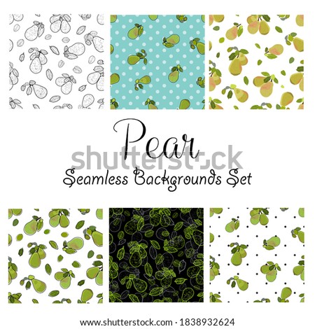 Handmade pear illustration,  seamless backgrounds set, green pear, collection, cartoon vector illustration, black polka dots, skyblue, black and white, outline.