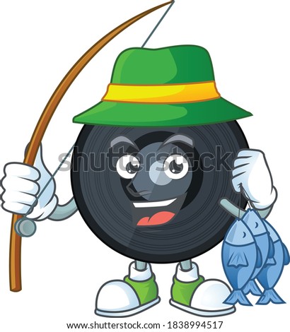 A Caricature picture of music viynl disc fisher succeed catch a fish. Vector illustration