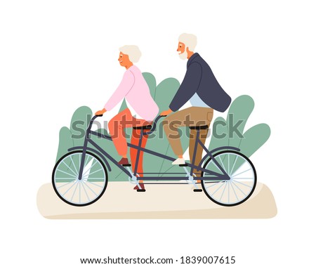 Active grandparents ride tandem bike in summer park. Elderly couple spend time together outdoors. Flat vector cartoon illustration of family recreation. Cheerful pensioners isolated on white