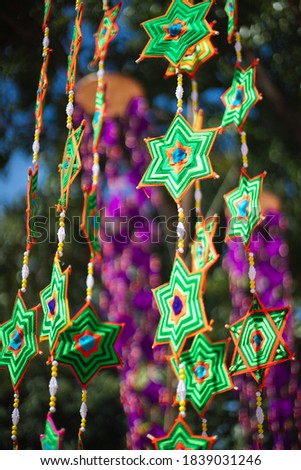 Colorful Tung flag in kalasin thread decoration at buddhist temple festival in Thailand