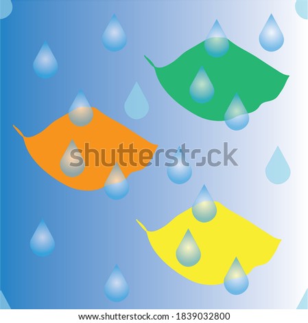 Abstract seamless pattern with raindrops on multicolored leaves on a blue sky background. Template for fabric, Wallpaper, banner.