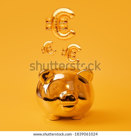 Golden piggy bank on yellow background with golden euro sign made of balloons. Investment and banking, money saving, moneybox, finance, investments concept