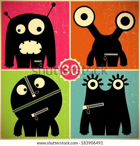 Set of four monsters at retro grunge background