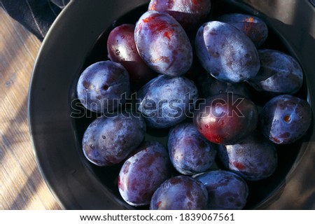 Fresh blue plums in black plate in sunlight close-up.Top view.