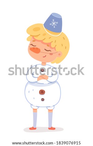 Kid in snowman costume for Christmas winter party. Cute happy child wearing funny xmas suit vector illustration. White costume with buttons, carrot nose, bucket on head as hat.