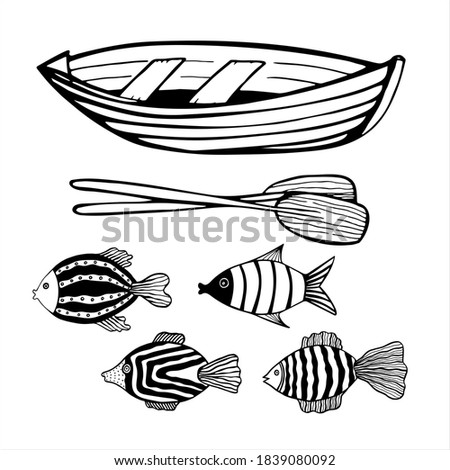 Set of hand drawn vector illustration in black and white. Clipart with rowboat with paddles and fishes